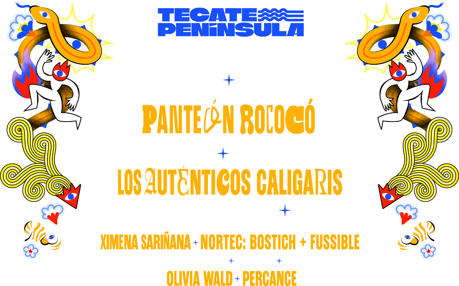 Cartel de Tecate Península 2026 en la Explanada Estadio Caliente el 24 de octubre, con Caifanes, Interpol, Panteón Rococó, Enjambre, Siddhartha y más artistas.